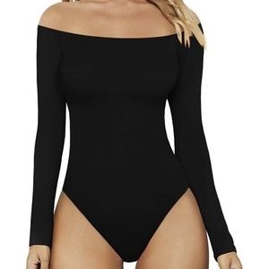 MANGOPOP Women's Size XXL Long Sleeve Bodysuit  Off Shoulder Black NEW NWT
